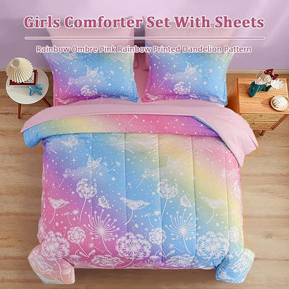 Menghomeus Girls Comforter Set Full Size 7 Pieces Bed in A Bag Ombre Pink Rainbow Bedding Set Dandelion Butterfly Print Kids Bedding Collections