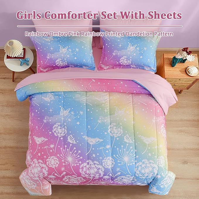 Menghomeus Girls Comforter Set Twin Size 5 Pieces Bed in A Bag Ombre Pink Rainbow Bedding Set Dandelion Butterfly Print Kids Bedding Collections