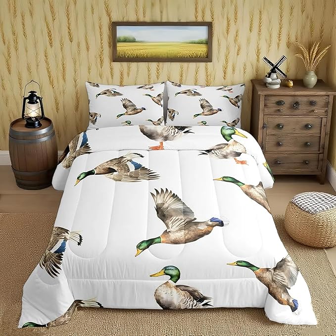 Feelyou Mallard Duck Bedding Set Hunting and Fishing Comforter Set Wild Animal Comforter for Boys Girls Kids Wildlife White Duvet Set Queen Size with 2 Pillow Case