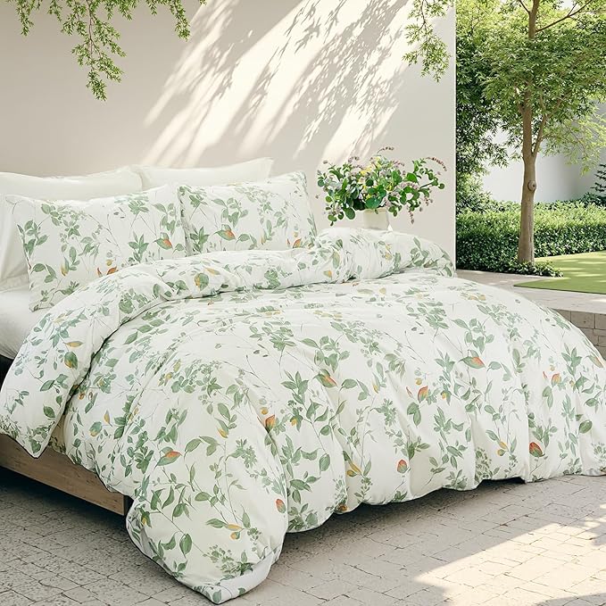Floral Duvet Cover King Size 100% Cotton Reversible Green Floral Duvet Cover Set with Zipper Closure 3 Pcs Green Leaf Soft & Breathable Bedding Comforter Cover