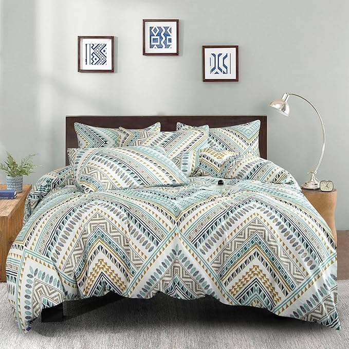 Boho Duvet Cover Queen, 100% Cotton 3 pcs Triangle Tribal Bedding Set, Aztec Modern Rustic Southwestern Louvre Patterned Tribal Print Duvet Cover, with Zipper Closure, Breathable (No Comforter)