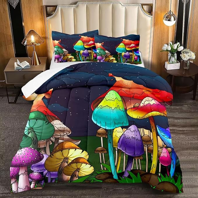 Mushroom Comforter Set Queen Size, Cute Mushroom Patterns Bedding Sets for Boys Bedroom, Girls Ultra Soft Comforter Set Queen Size 3Pcs with Pillowcases
