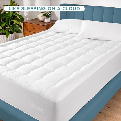 Bare Home Queen Mattress Topper Cotton Top - Plush Topper for Mattress - Fitted Mattress Cover - Cooling Breathable Air Flow - 8" to 21" Deep Pocket - Soft Mattress Pad (Queen, White)