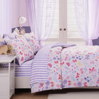Full Size Comforter Sets for Girls, Butterfly Botanical Flowers Bedding Set, All Season Kids Bed in a Bag 7 Pieces with Sheets, Pillowcases & Shams