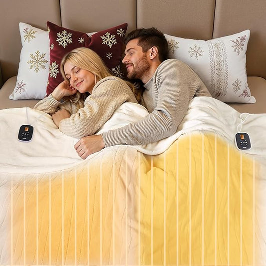 WOOMER Heated Blanket Queen Size 84" x 90", Electric Blanket with 0.5-12 Hours Timer & 10 Heating Levels, ETL Certified, White Double-Sided Velvet, Machine Washable