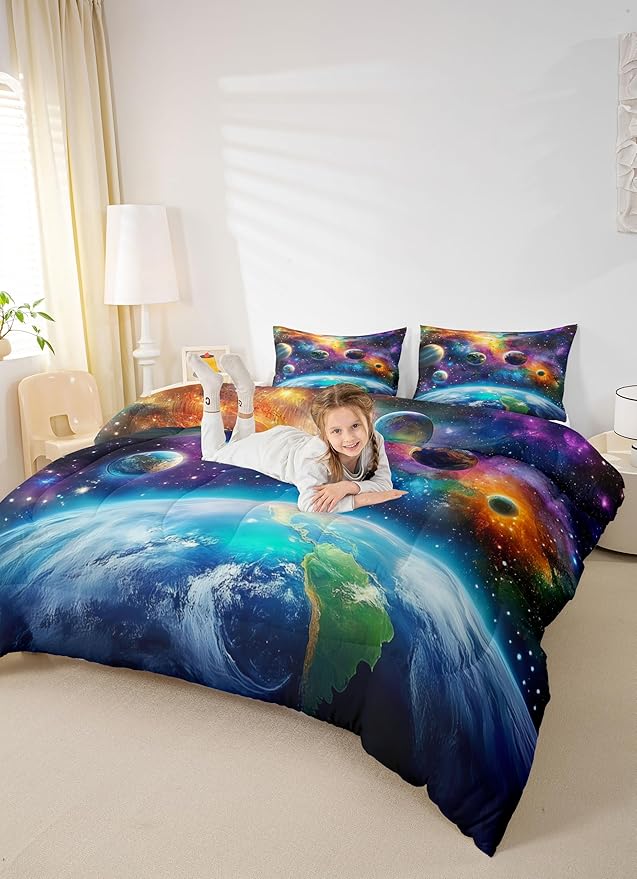 Feelyou Universe Galaxy Comforter Set Toddler Size Kids Planets Earth Bedding Set Boy Girl Teen Solar System Comforter Breathable Outer Space Duvet Set Nebula Quilt Set