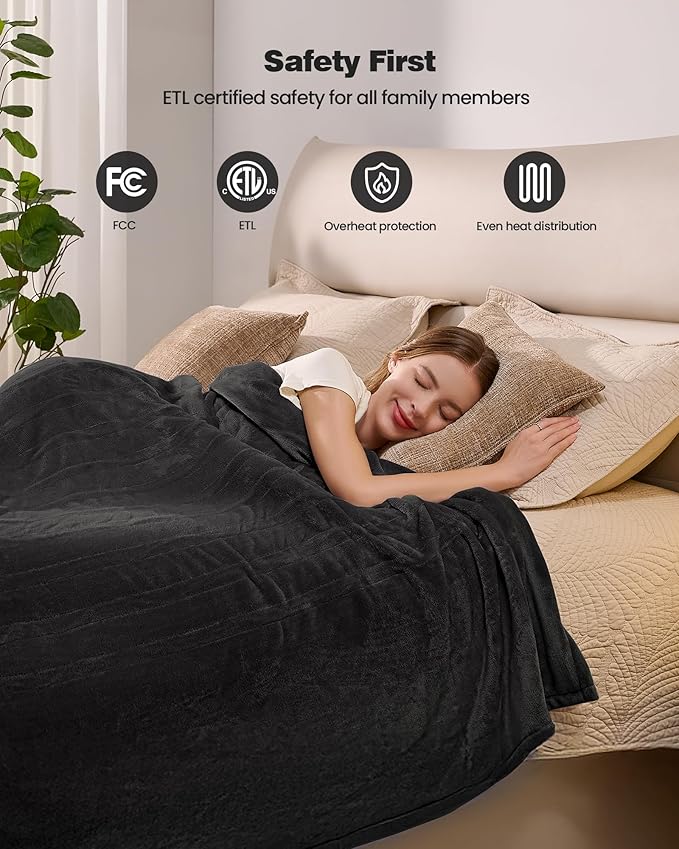 Electric Blanket King- Soft Heating Blanket, Dual Control & 9 Heat Levels, 10H Timer, Soft Flannel to Sherpa, Fast Heating Electric Throw, Machine Washable, Gift for Mom, Dad, 90"x100" Black