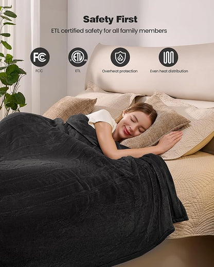 Electric Blanket King- Soft Heating Blanket, Dual Control & 9 Heat Levels, 10H Timer, Soft Flannel to Sherpa, Fast Heating Electric Throw, Machine Washable, Gift for Mom, Dad, 90"x100" Black