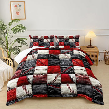 Red and Black Plaid Comforter Set Queen，Baseball Bedding Set Queen Red and Black，Sport Quilt for Boys，with 1 Comforter with 2 Pillow Case