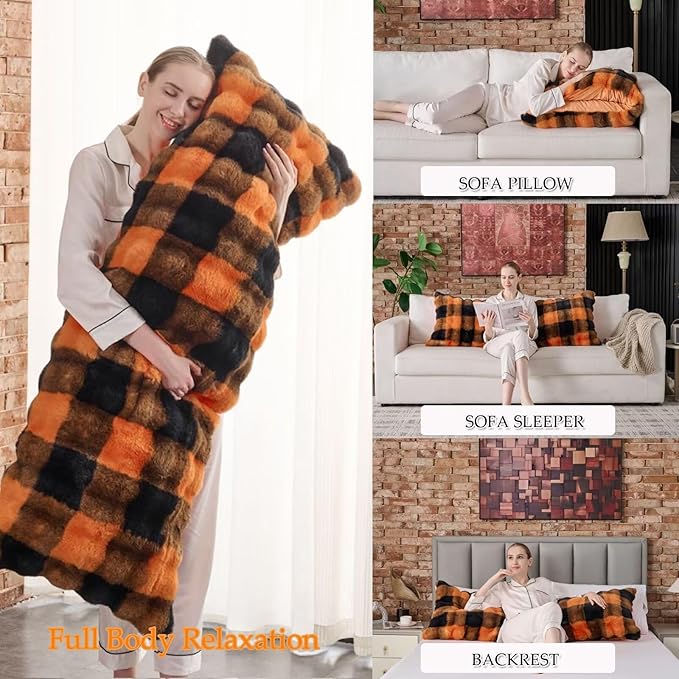 Luxury Shaggy Faux Fur Body Pillow,Soft Decorative Plush Full Long Pillow,Fuzzy Hug Pillow for Home Living Room Side Sleeper & Pregnancy 20"x54" Orange-Black Grid Print
