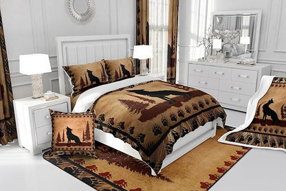Feelyou Cute Wolf Comforter Set for Girls Boys Kids Wolves Howling Bedding Set Room Decorative Animal Wolves Tree Pattern Bedding Set Exotic Style Brown Black Duvet Set King Size 3Pcs Quilt Set