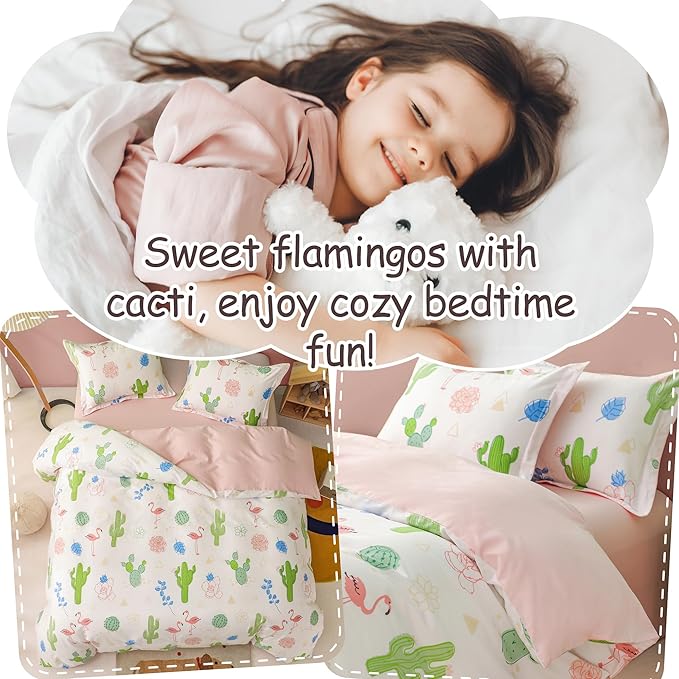 Simple&Opulence 100% Organic Cotton Duvet Cover for Kids Teens, 4 Pieces Soft Comforter Cover with Zipper Closure Warm Adorable Flamingo Bedding Set - Cactus, Full/Queen