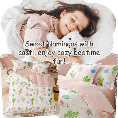 Simple&Opulence 100% Organic Cotton Duvet Cover for Kids Teens, 4 Pieces Soft Comforter Cover with Zipper Closure Warm Adorable Flamingo Bedding Set - Cactus, Full/Queen