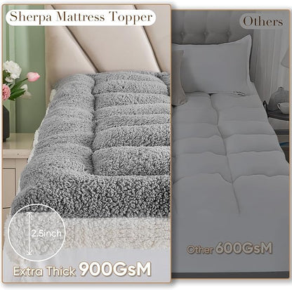 Cymula Pillow Top Mattress Topper King Sherpa Mattress Pad for Back Pain Extra Thick Mattress Pillow Top with 8-21" Deep Pockets Mattress Cover for King Size Bed, Grey