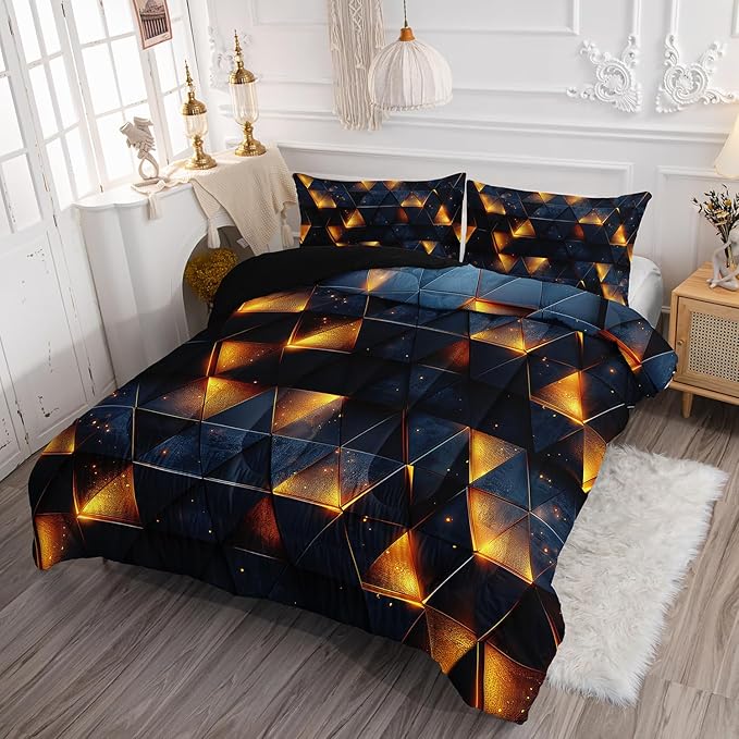 3D Geometric Comforter Set Yellow Neon Light Printed Bedding Set with 1 Comforter and 2 Pillowcases for Boys and Girls Bedroom All Season(Geometric Queen)