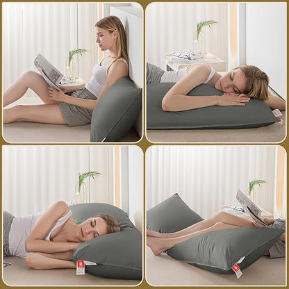Goose Down Body Pillows for Adults, Large Body Pillow for Side Sleeper, Hugging Feather Body Pillow Insert, Cooling Full Length Long Pillow for Bed with 100% Organic Cotton Shell, 20"x54" Dark Grey