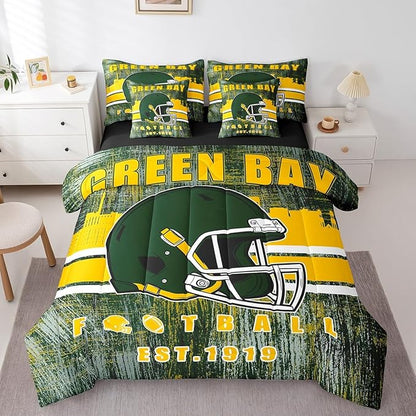 Erosebridal Football Gamed Bedding Set for Boys Girls Youth Sports Room Decor, Football City Themed Comforter Sets with Sheets Army Green Yellow Seasonal Color Bed in A Bag Full 7 Pieces