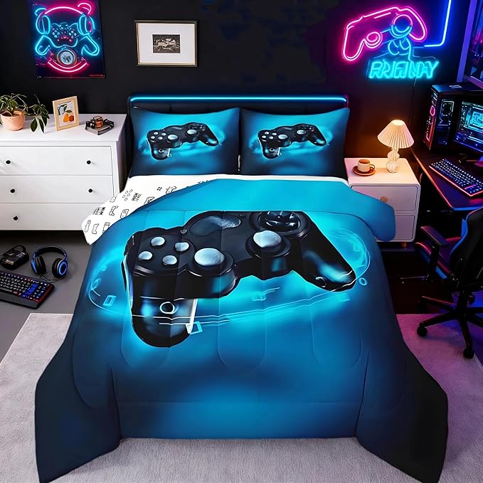 Feelyou Queen Size Gaming Comforter Set for Boys Gamer Bedding Set for Teens Kids Gamer Room Decor Blue Video Games Comforter Duvet Set Gamepad Quilted All Season 1 Comforter with 2 Pillow Cases