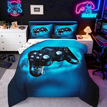 Feelyou Gamer Comforter Sets for Boys Twin Bedding Set for Boys Kids Gaming Comforter Gamer Room Decor Blue Video Game Bed Set Teens Bedroom Gamepad Duvet Set All Season 1 Comforter with 1 Pillow Case