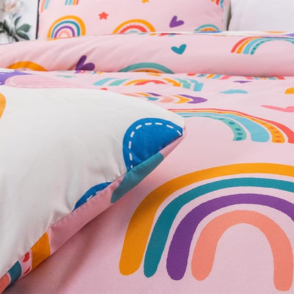 Holawakaka Boho Rainbow Twin Comforter Set with Sheets, 5-Piece Bohemian Love Heart Star Bedding Set for Girls & Women -Super Soft Microfiber Kids Teen-Girls Twin Size Blush Reversible Bed-in-a-Bag