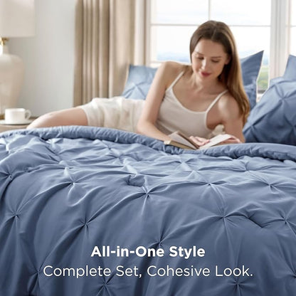 Bedsure Full Comforter Set Slate Blue - Bed in a Bag Full Size Bedding Set 7 Pieces, GentleSoft™ Pintuck Bed Set Gift for Family, Pinch Pleat All Season Comforter with Sheets, Pillowcases & Shams