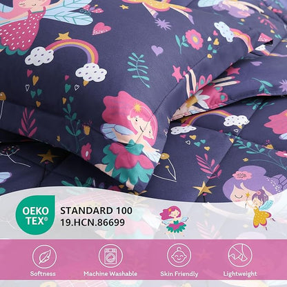 JSD Fairy Kids Comforter Set Twin Size, 2 Piece Girls Floral Printed Microfiber Bedding Set, Machine Washable