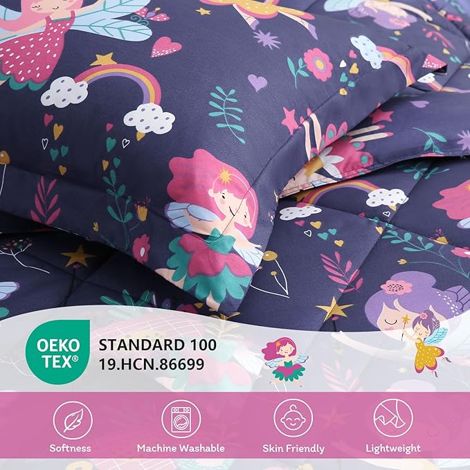 JSD Fairy Kids Comforter Set Full Size, 3 Piece Girls Floral Printed Microfiber Bedding Set, Machine Washable