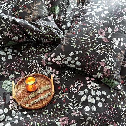Floral Duvet Cover King 3 Pieces Elegant Flower Bedding Set Farmhosue Aesthetic Bedding Soft Microfiber Black Duvet Cover Set with 2 Pillowcases