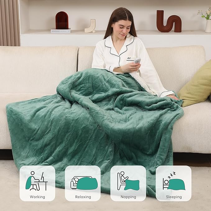 ESTINGO Electric Blanket Throw, Fast Heating Blanket with Overheat Protection, Heated Sherpa Blanket with 5 Heating Levels & 4 Hours Auto Off for Couch Office, Ideal Gift, 50"x60", Forest Green