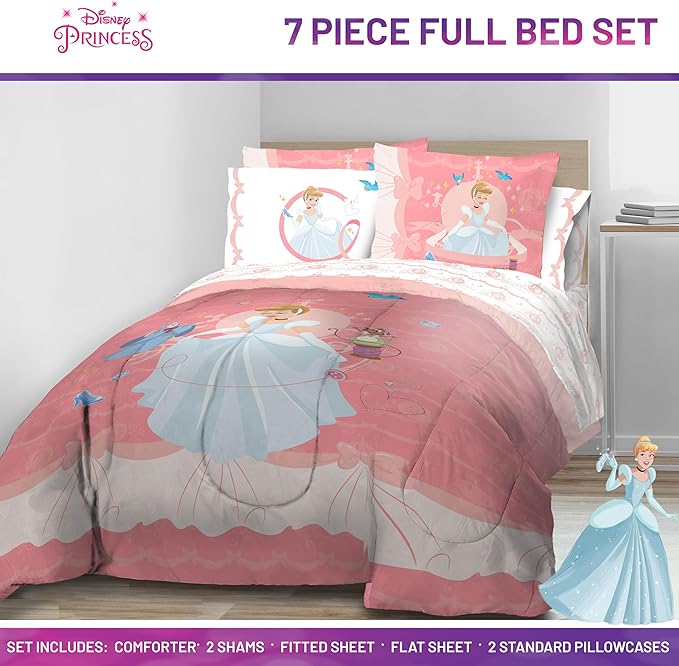 Jay Franco Kids Comforter Set Includes Sheets and Pillow Covers - Soft and Cozy Bed Set for Stylish Room Decor, Pink - Princess Cinderella, 7 Piece Full Size Bedding