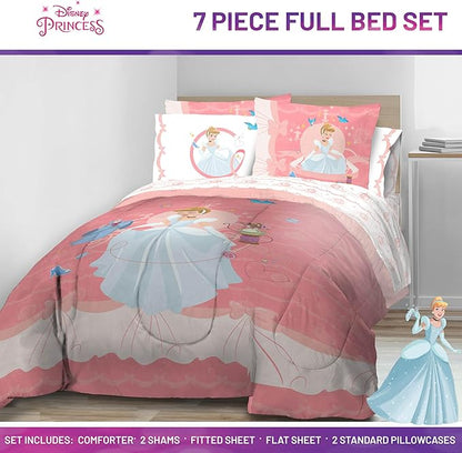 Jay Franco Kids Comforter Set Includes Sheets and Pillow Covers - Soft and Cozy Bed Set for Stylish Room Decor, Pink - Princess Cinderella, 7 Piece Full Size Bedding
