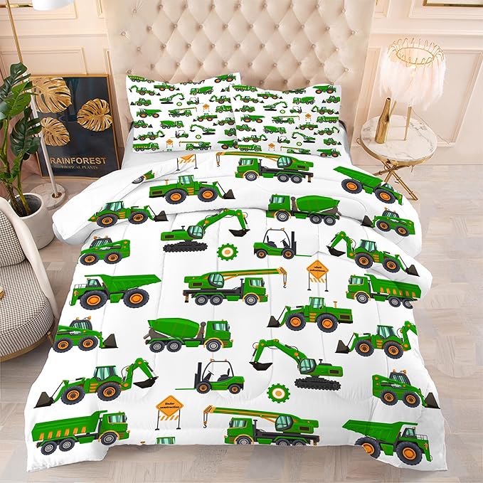 Comforter Set Green Tractor: Queen Size Cartoon Excavator Truck Car Bedding Sets for Boys Kids Teens Toddler Construction Vehicles Quilt Bed Set with 1 Comforter & 2 Pillowcases