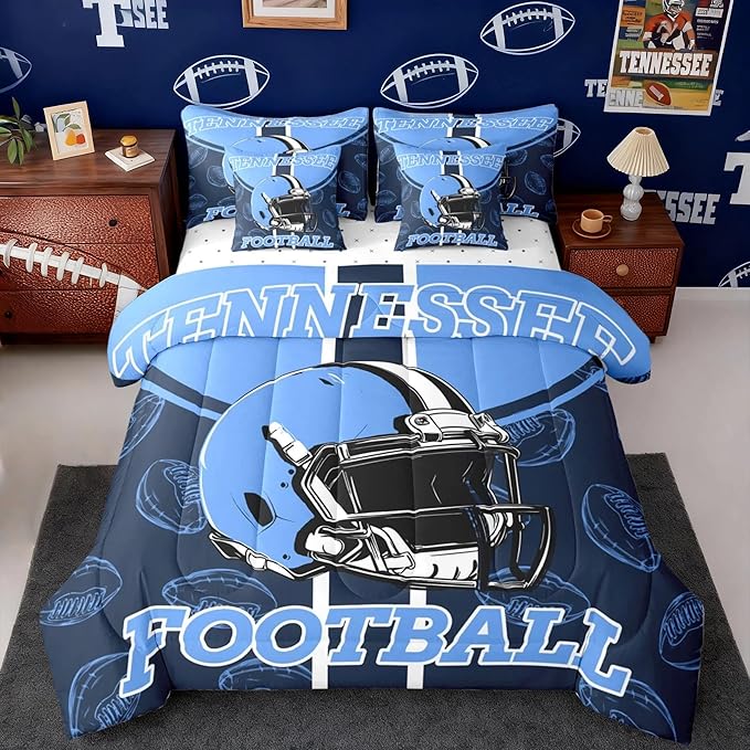 Feelyou Football Comforter Set with Sheets 7 Piece King Size Ball Games Bedding Set for Kids Boys Girls Rugby Bed in a Bag City of Footballs Room Decor Rugby Sports Soft Lightweight