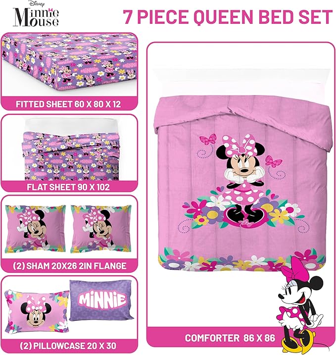 Jay Franco Kids Comforter Set Includes Sheets and Pillow Covers - Soft and Cozy Bed Set for Stylish Room Decor, Pink - Minnie Mouse 02, 7 Piece Queen Size Bedding