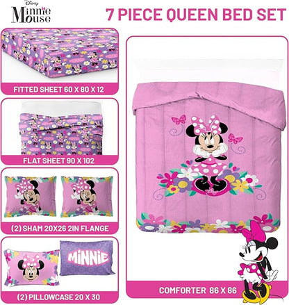 Jay Franco Kids Comforter Set Includes Sheets and Pillow Covers - Soft and Cozy Bed Set for Stylish Room Decor, Pink - Minnie Mouse 02, 7 Piece Queen Size Bedding