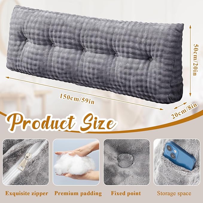 Wenqik Wedge Pillow Triangular Headboard Bed Reading Backrest Wedge Bolster Pillow with Removable Cover Back Support for Daybed Bunk Bed(Gray,Queen)