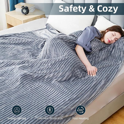 Electric Heated Blanket Full Size 72"x 84", Warming Striped Flannel with 10 Heating Levels & 1-12 Hours Auto Off, Ultra Soft and Thick, Machine Washable, Light Gray