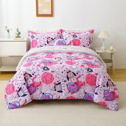 Mooreeke Kids Twin Comforter Sets for Girls 6 Pieces Cute Space Cat Bedding Set for Teens Microfiber Pink Kids Bed in A Bag with Comforter, Sheet Set, Shams and Decorative Toy Pillow All Season