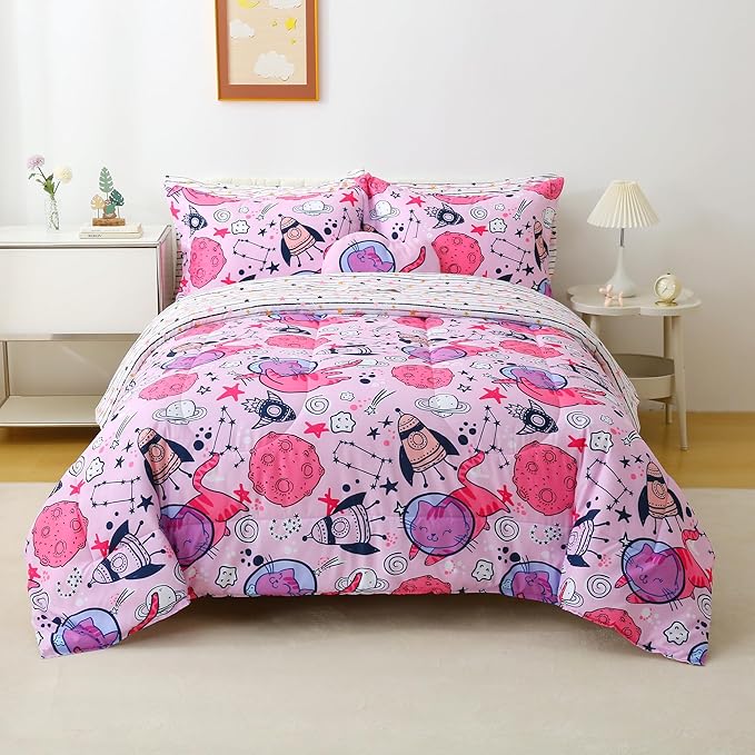 Mooreeke Kids Full Comforter Sets for Girls 8 Pieces Cute Space Cat Bedding Set for Teens Microfiber Pink Kids Bed in A Bag with Comforter, Sheet Set, Shams and Decorative Toy Pillow All Season