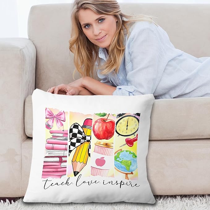 Teacher Appreciation Gifts Pillow Covers 18x18, Back to School Gifts for Teachers, Teacher Gifts First Dat of School, Teach Love Inspire Coquette Pillow Covers for Teachers