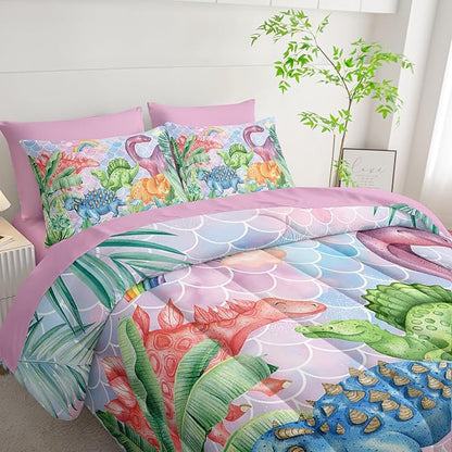 Pastel Dinosaur Comforter Set (7 Piece) - Mermaid Scale Kids Bedding, Pink Blue Purple Dinosaur Quilt Set for Boys Girls, All Season Microfiber Bed Set with Shams, Flat/Fitted Sheet (Queen)