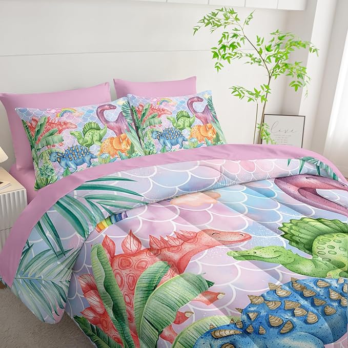 Pastel Dinosaur Comforter Set (7 Piece) - Mermaid Scale Kids Bedding, Pink Blue Purple Dinosaur Quilt Set for Boys Girls, All Season Microfiber Bed Set with Shams, Flat/Fitted Sheet (Twin)