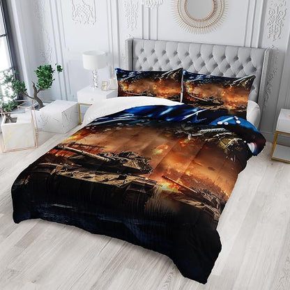 War Theme Comforter Set King Size for Kids Teens and Adults Tanks and Aircraft Printed Quilt Set for Bedroom Microfiber All Season Print Quilt Set with 1 Comforter and 2 Pillow Case
