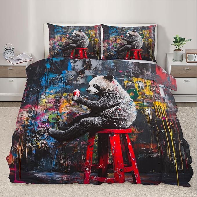 Panda Duvet Cover Twin Size, Street Graffiti Panda Bedding Set 2 Piece Kids and Adults Fun Colorful Comforter Cover and 1 Pillow Sham with Zipper Closure