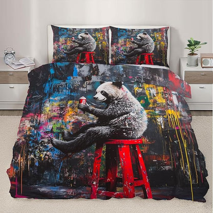 Panda Duvet Cover Full Size, Street Graffiti Panda Bedding Set 3 Piece Bedroom Decor Fun Colorful Comforter Cover and 2 Pillow Sham with Zipper Closure