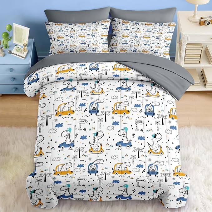 Comforter Set Twin Size, Funny Car Dinosaur 5 Pcs Bedding for Kids and Adults, Adventure Nursery Dino Bed Sheet Sets with Fitted Sheet Pillowcase & Sham for Bedroom Bed Decor