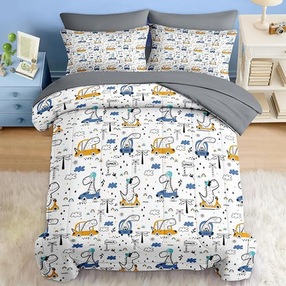 Comforter Set Twin Size, Funny Car Dinosaur 5 Pcs Bedding for Kids and Adults, Adventure Nursery Dino Bed Sheet Sets with Fitted Sheet Pillowcase & Sham for Bedroom Bed Decor