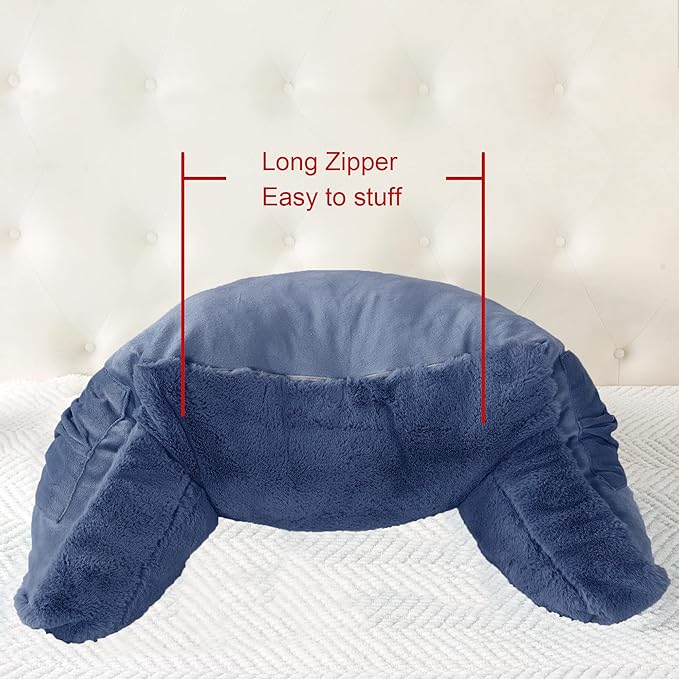 Plush Faux Fur Backrest Reading Bed Rest Pillow with Arms and Pockets for Sitting in Bed Couch Sofa, Back Support Wedge Cushion with Removable Cover, 20" x 18" x 17", Dark Blue