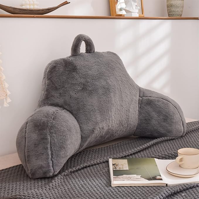 Aimuan Reading Pillow Bed Rest Pillow with Arms Rabbit Fur Cushion for Adults Teens Incline Rest Sitting up & Sleeping Snoring Pillow with Pregnancy Lumbar Back Support (Standard, Grey)