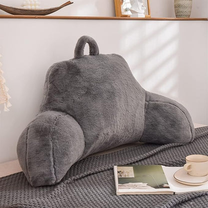 Aimuan Reading Pillow Bed Rest Pillow with Arms Rabbit Fur Cushion for Adults Teens Incline Rest Sitting up & Sleeping Snoring Pillow with Pregnancy Lumbar Back Support (Standard, Grey)